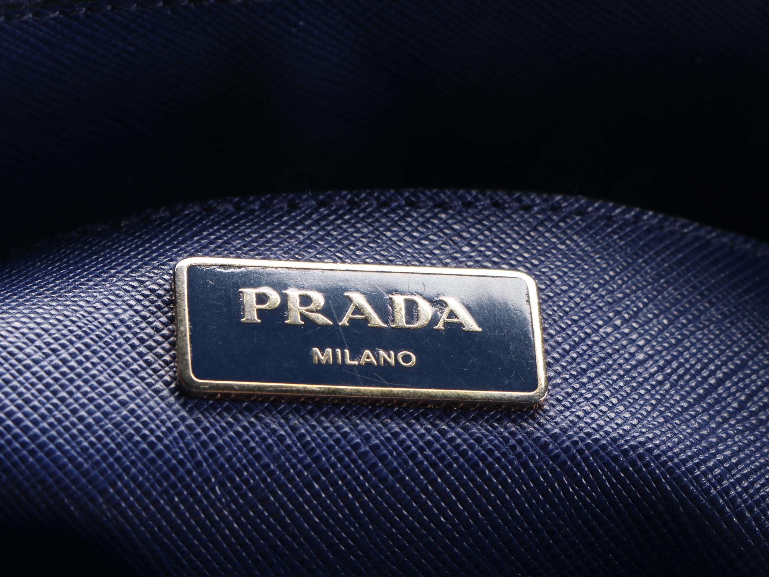 Prada Turn-Lock Double Zip Medium Tote Bag in Studded Blue Saffiano Leather
