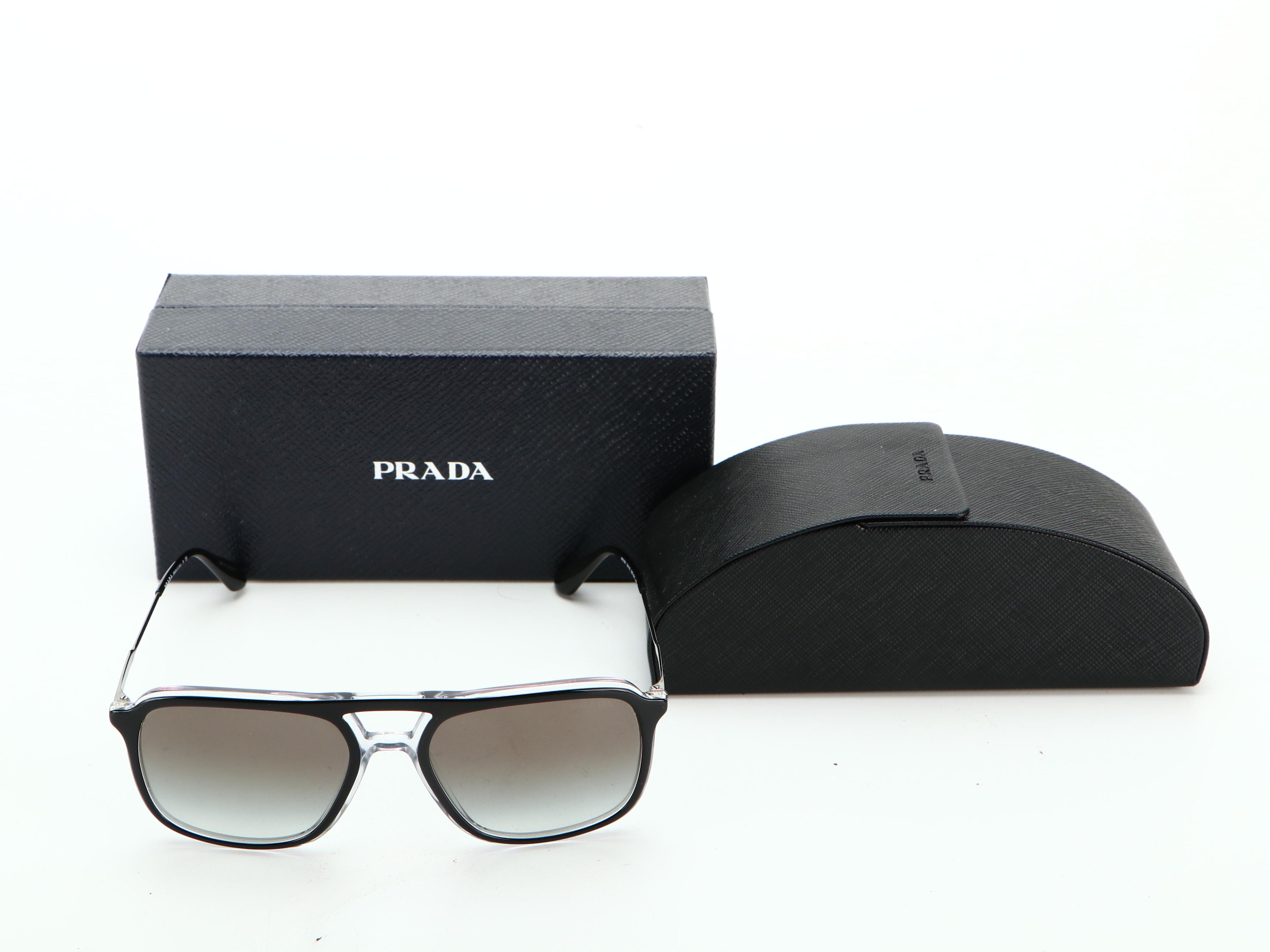 Prada SPR06V Metal-Clear-Black Frame Sunglasses with Grey Gradient Lens