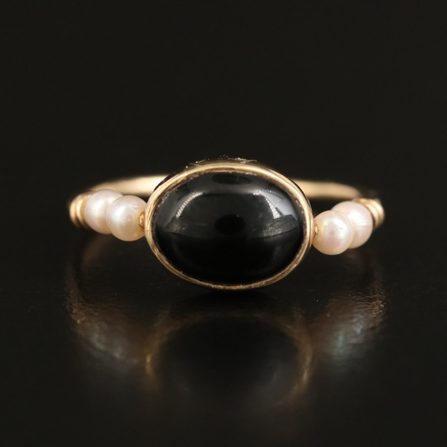 14K Black Onyx and Pearl Ring