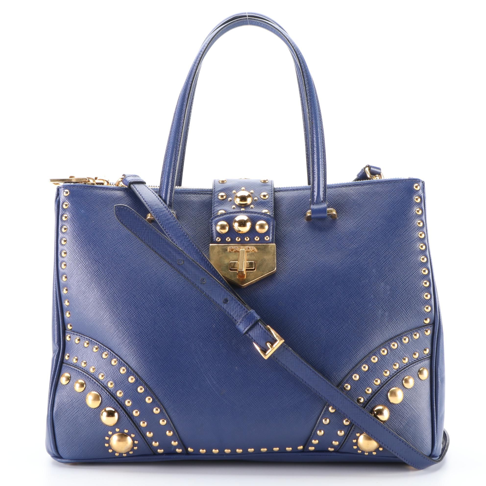 Prada Turn-Lock Double Zip Medium Tote Bag in Studded Blue Saffiano Leather