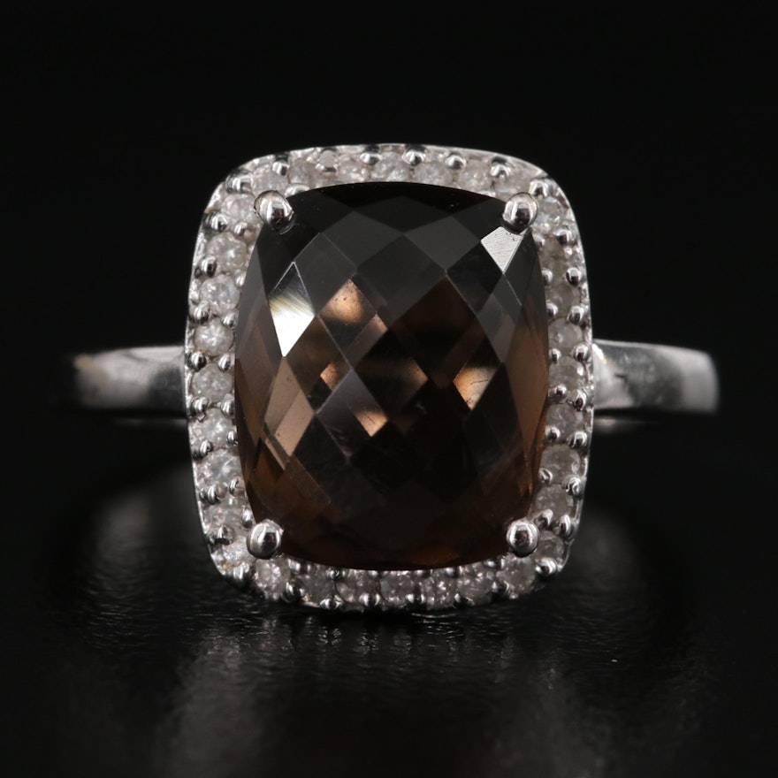 14K Smoky Quartz and Diamond Halo Ring