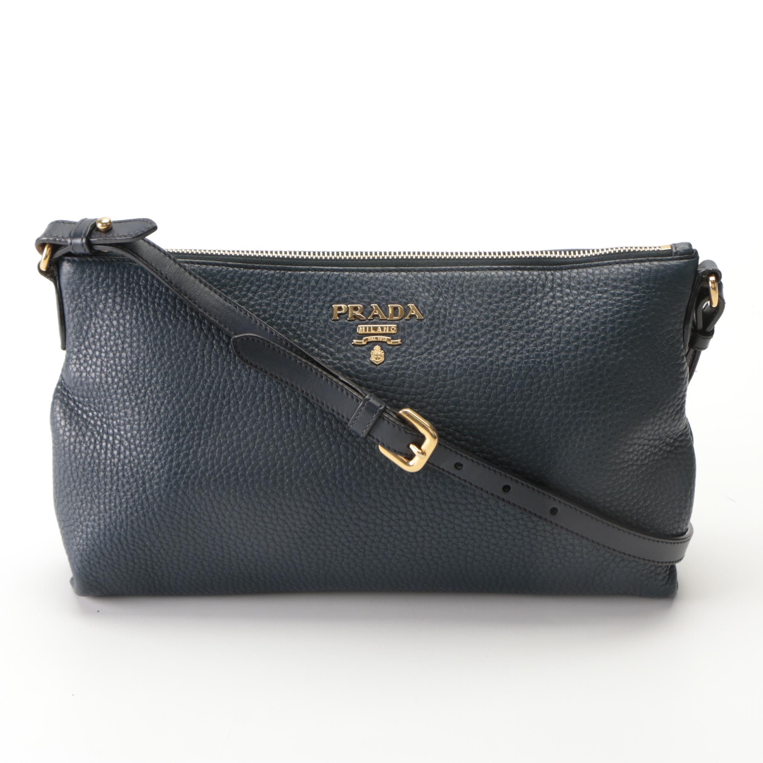 Prada Flat Crossbody Bag in Blue Vitello Daino Leather