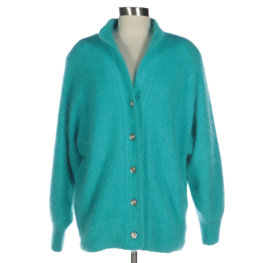 Misook Blue Angora Knit Sweater Jacket with Embellished Buttons