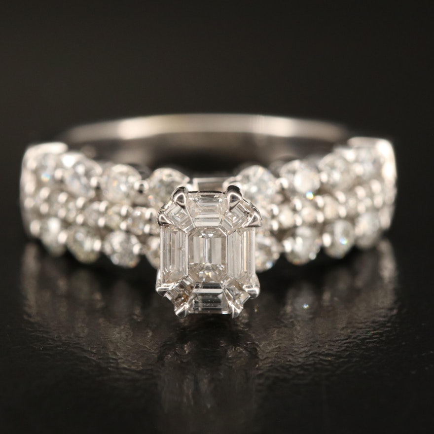 14K 1.10 CTW Diamond Center and Three Row Ring