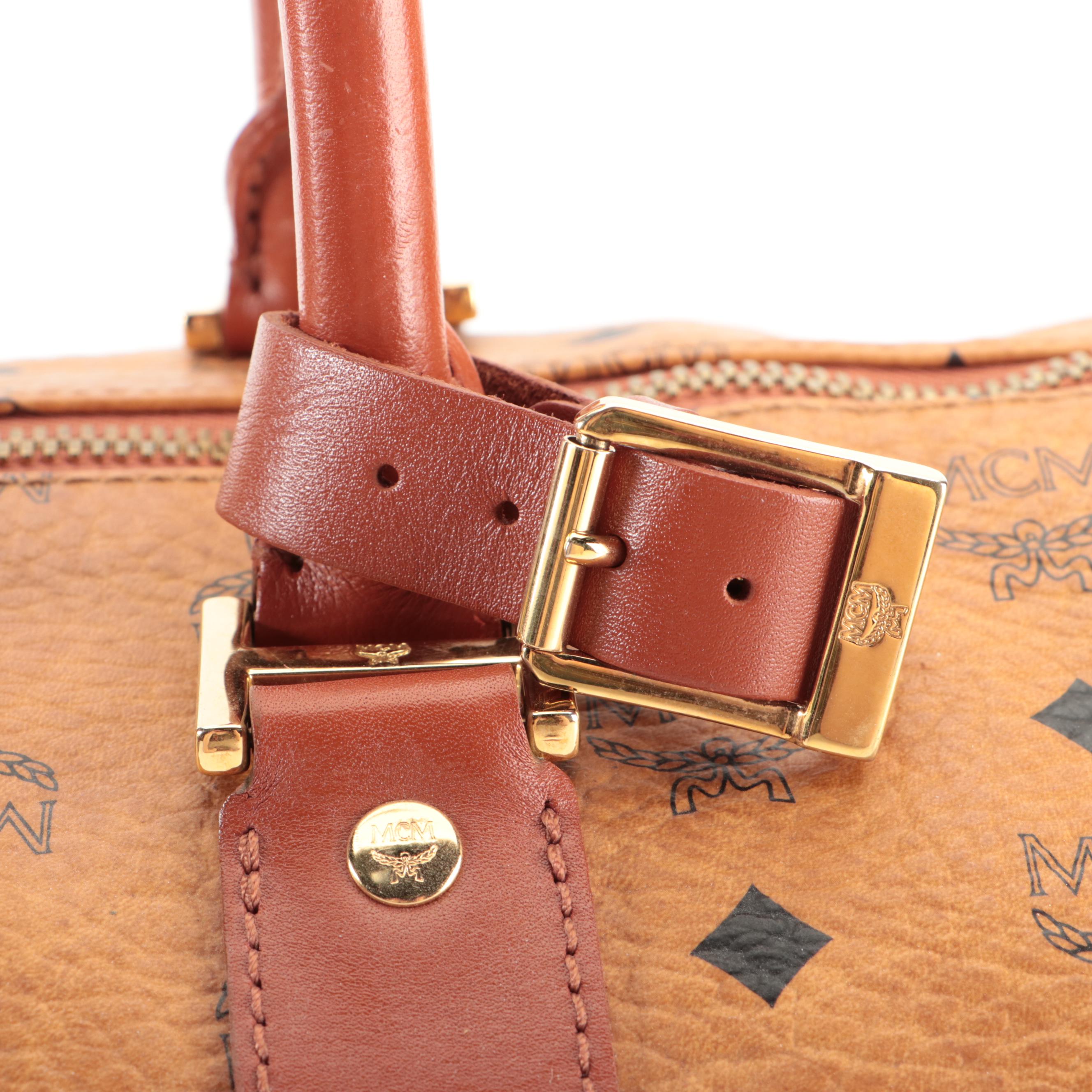 MCM Travel Bag in Cognac Monogram Visetos and Leather with Detachable Strap