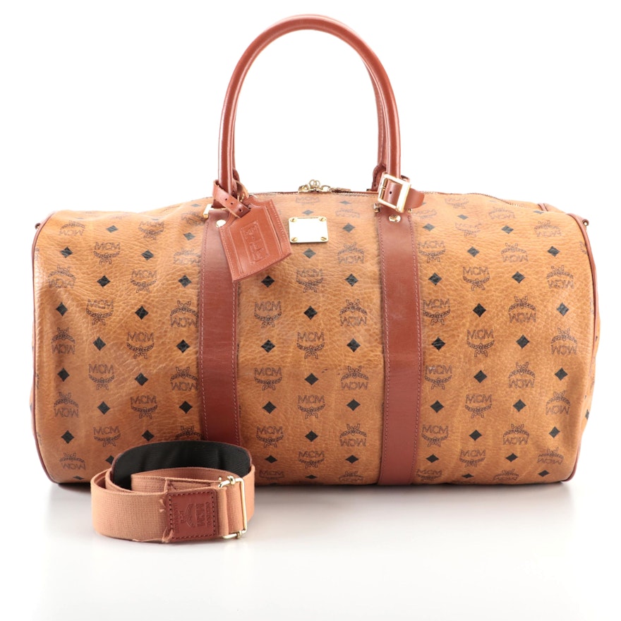 MCM Travel Bag in Cognac Monogram Visetos and Leather with Detachable Strap