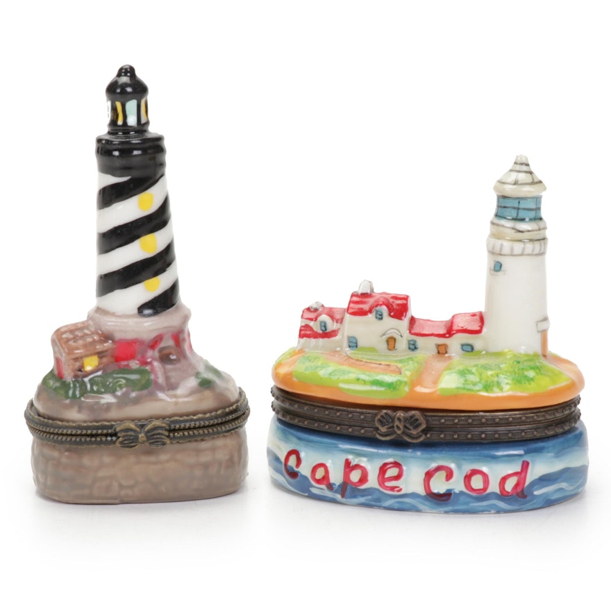 Hand-Painted Cape Cod and Light House Porcelain Trinket Boxes