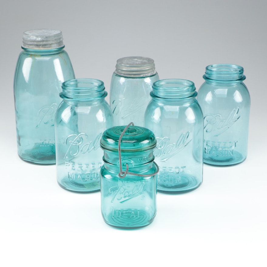 Ball "Perfect", "Ideal" and Other Blue Mason Jars, 20th Century