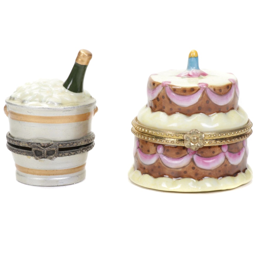 Hand-Painted Birthday Cake and Champange Shaped Porcelain Trinket Boxes