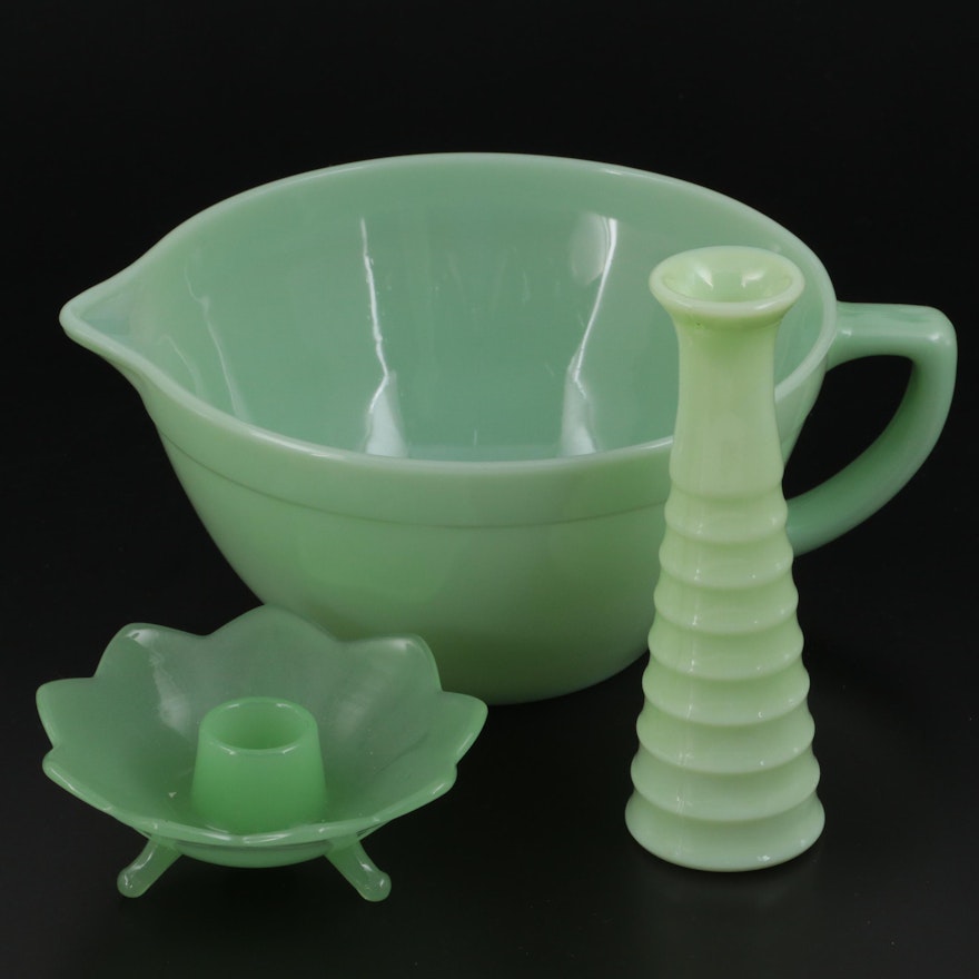 Anchor Hocking Fire King "Jadeite" Batter Bowl with Other Jadeite Candlesticks