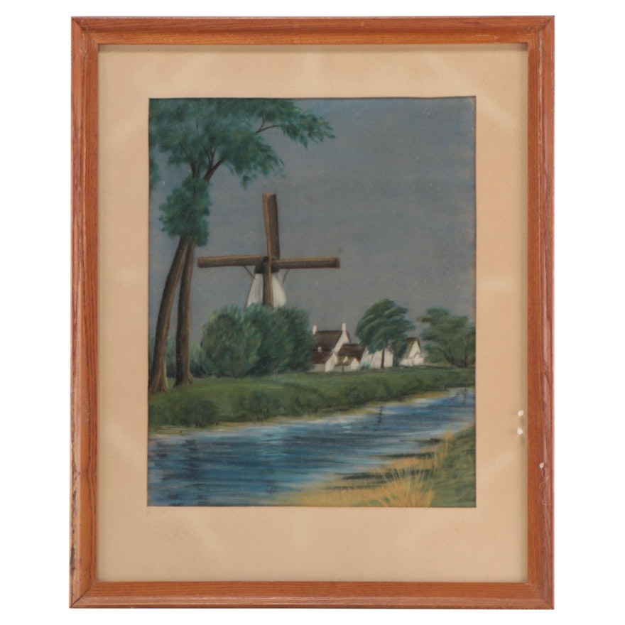 Pastel Drawing of Dutch Countryside Landscape With Windmill