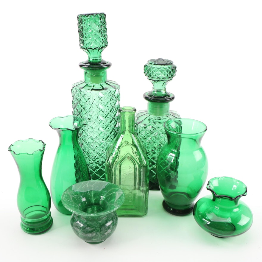 Blown Art Glass Vase with Other Green Glass Vases and Decanters