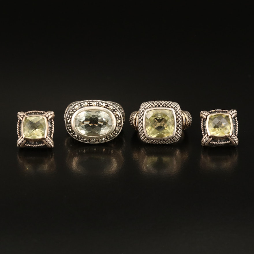 Sterling Citrine, Prasiolite and Marcasite Earrings and Rings with 14K Accents