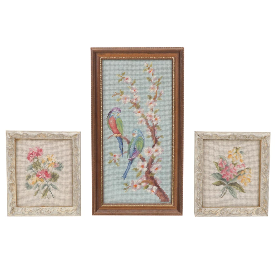 Framed Floral and Bird Motif Needlepoint with Petit Point Detailing