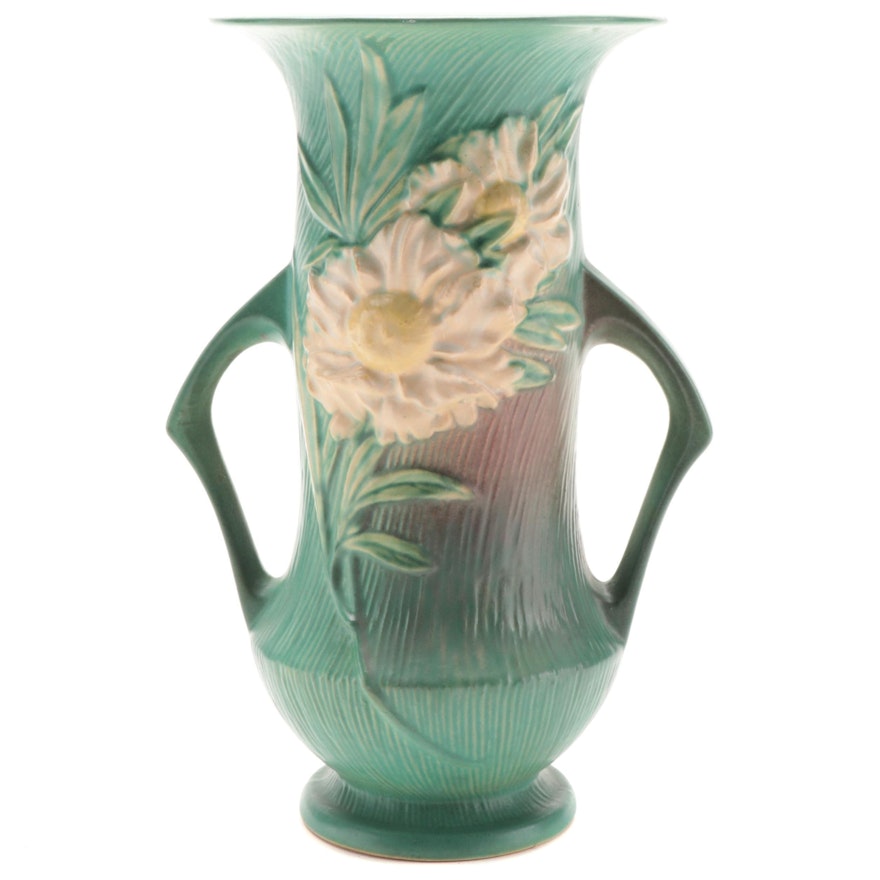 Roseville Pottery "Peony Nile Green" Handled Floor Vase, 1940s