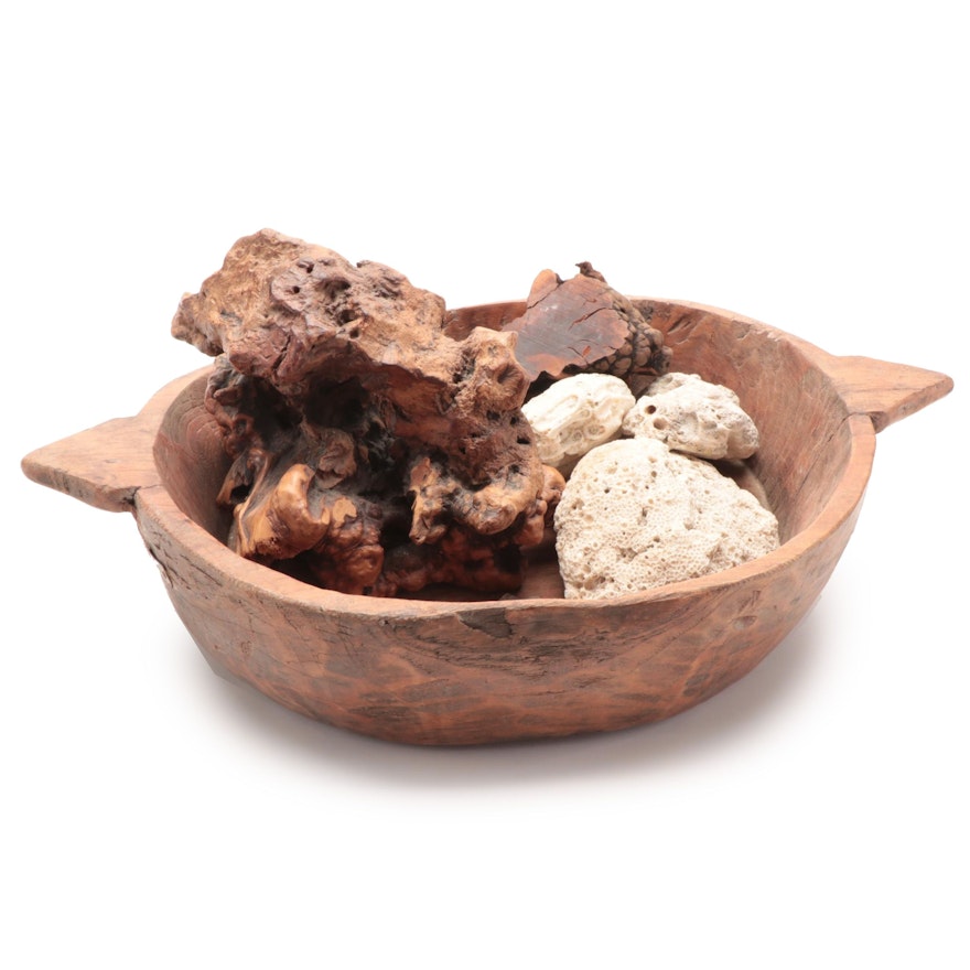 Wooden Dough Bowl with Root Burl, Fossil Coral Specimens and Knapped Points