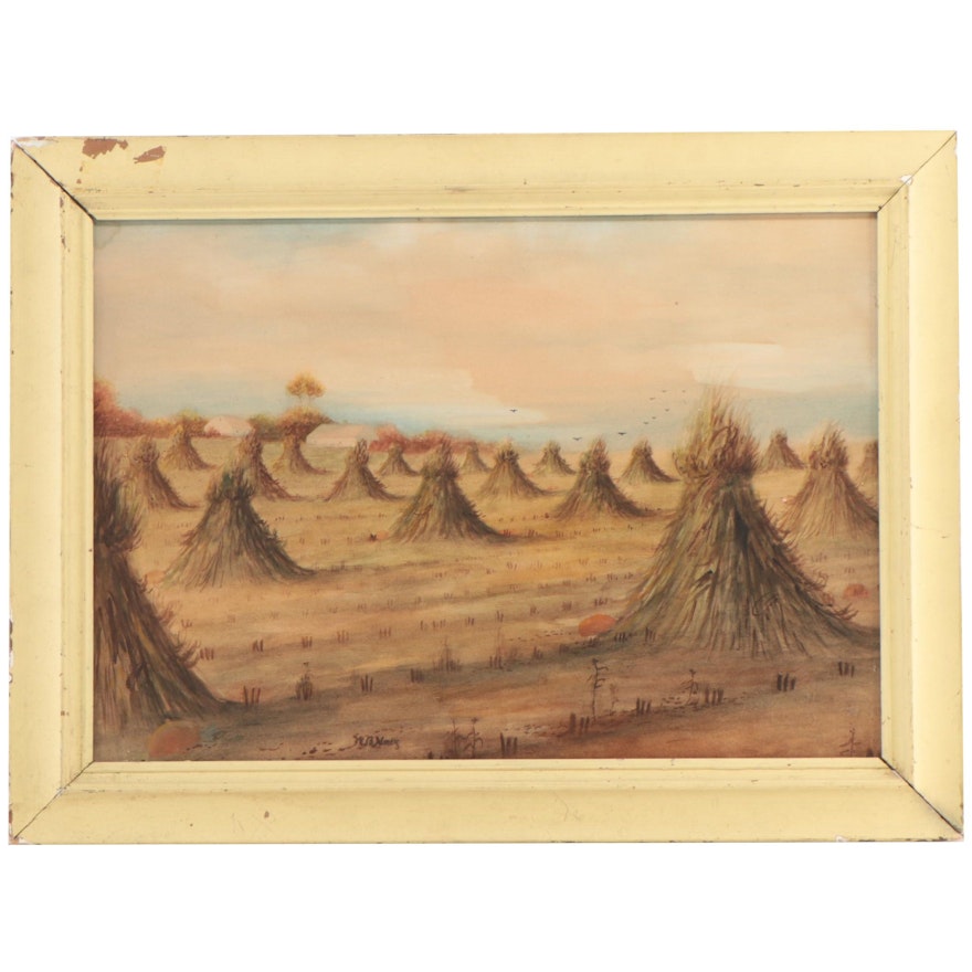 W.B. Macy Landscape Watercolor Painting of Haystacks, Circa 1900