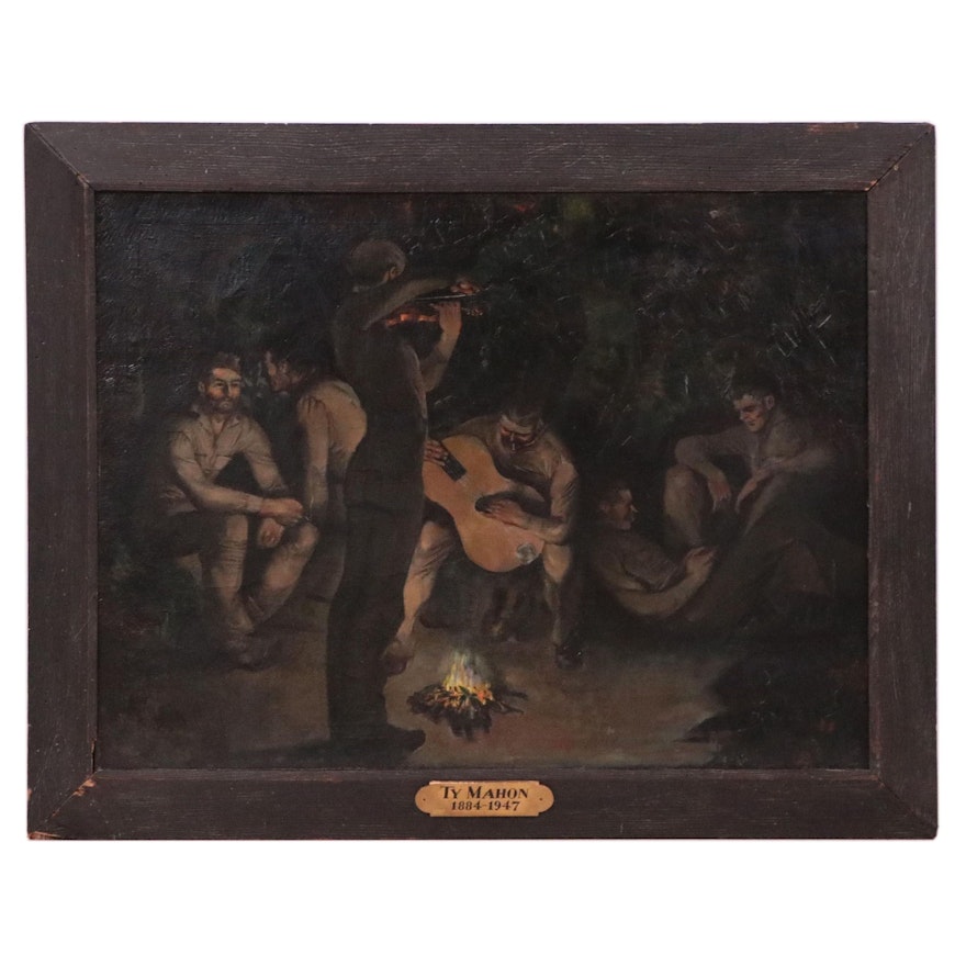 Ty Mahon Oil Painting "Musicians by Campfire," Early 20th Century