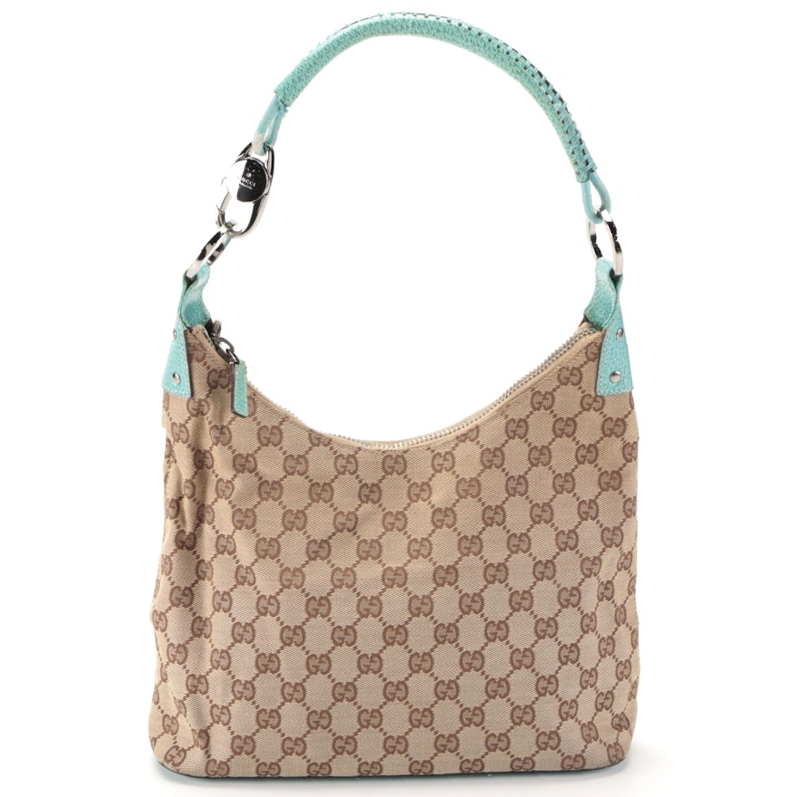 Gucci Small Shoulder Bag in Tan GG Canvas and Turquoise Cinghiale Leather