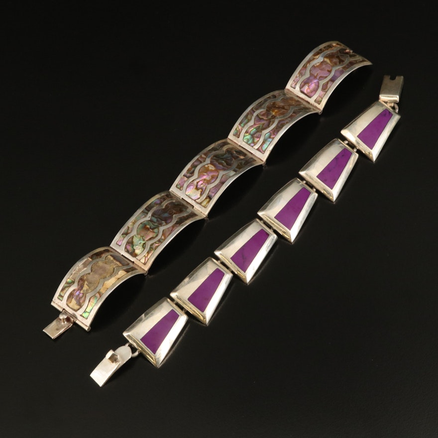 Mexican Sterling Abalone and Imitation Sugilite Inlay Bracelets
