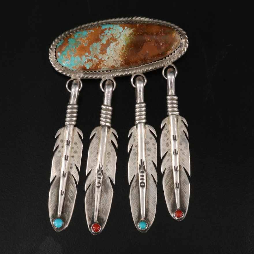 Southwestern Sterling Turquoise and Coral Brooch with Feather Drops