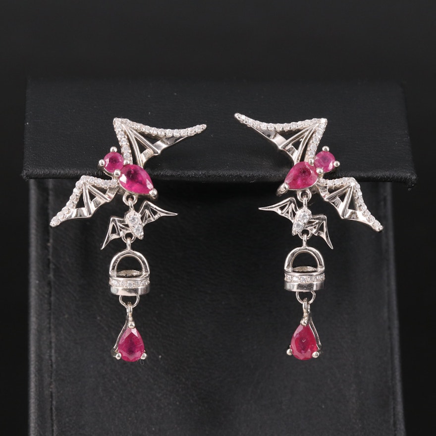 Sterling Corundum and Cubic Zirconia Bat Earrings