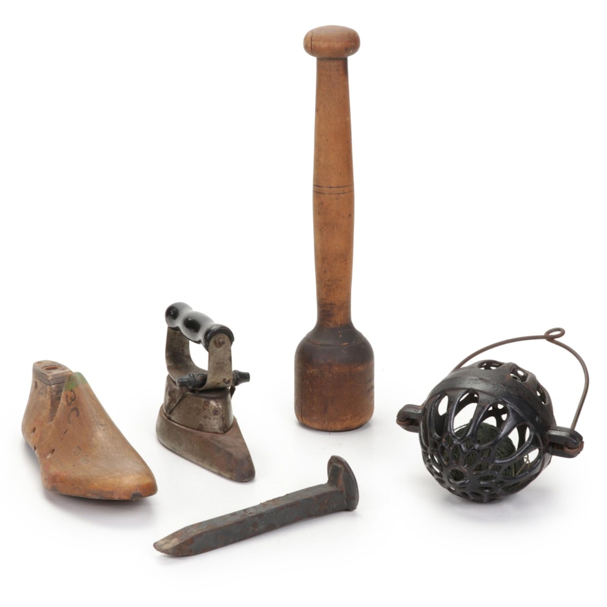 Sad Iron, Yarn Ball Feeder, Shoe Form and More, 19th and 20th C