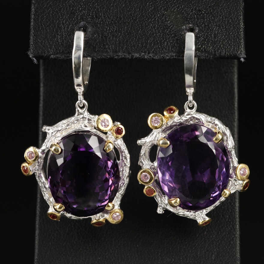 Sterling Amethyst, Garnet and Cubic Zirconia Earrings