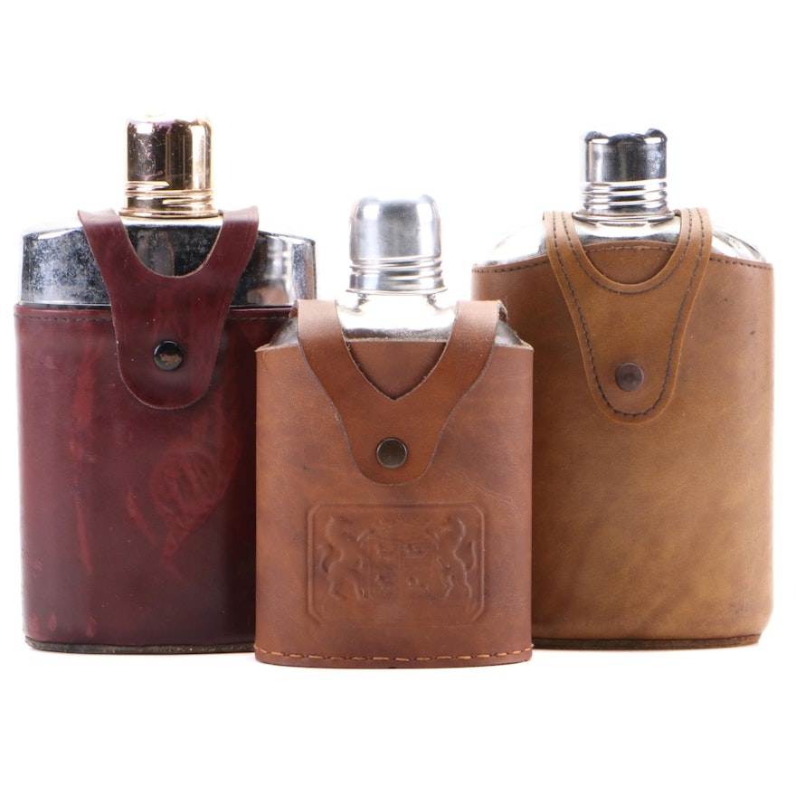 Glass and Metal Flasks with Leather Cases, Mid to Late 20th Century