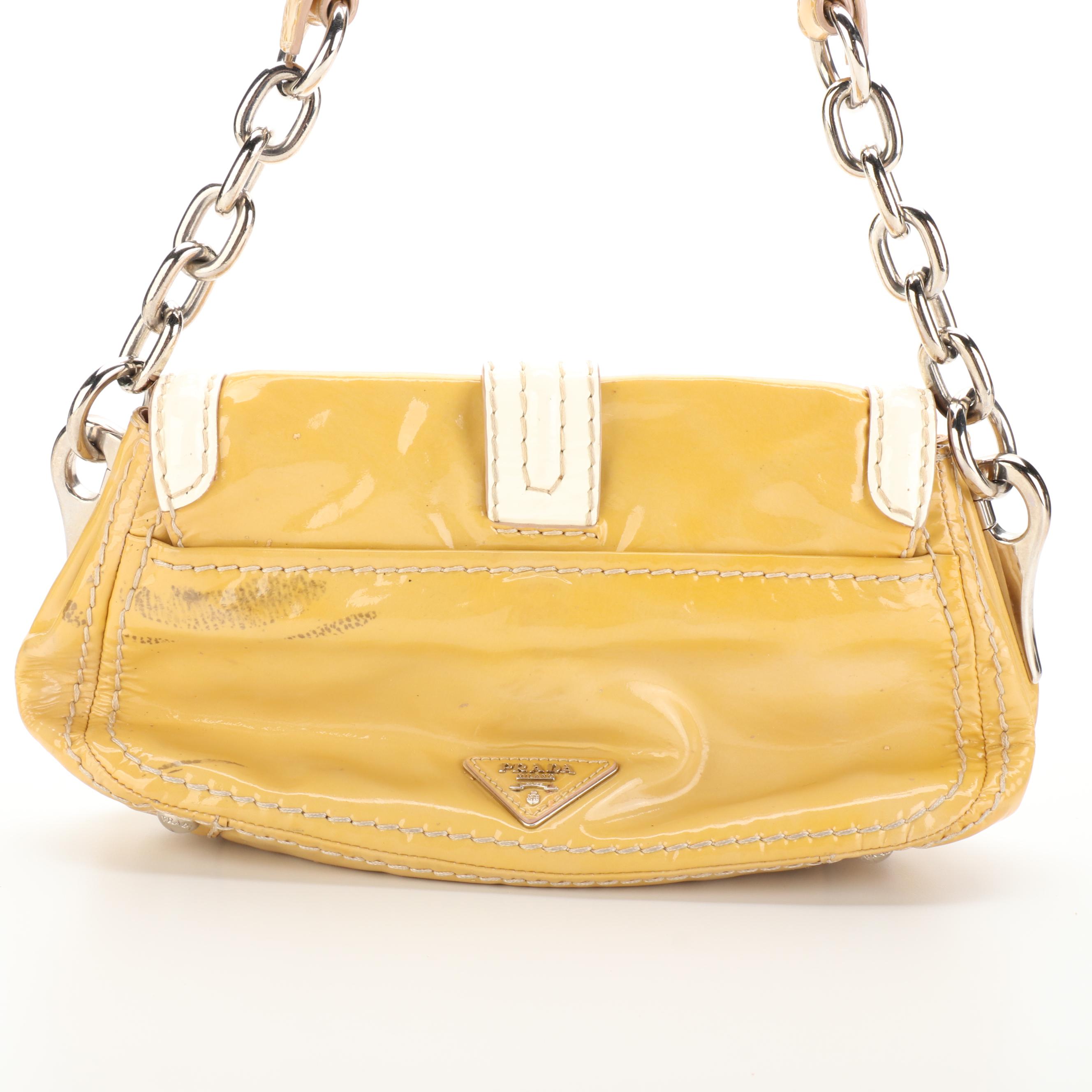 Prada Small Flap Shoulder Bag in Bicolor Contrast-Stitched Patent Leather