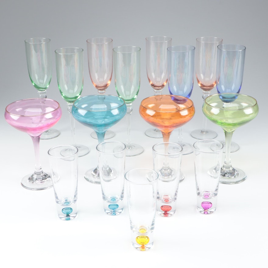 Lilly Pulitzer Colored Glass Coupes and Flutes with Cordial Glasses