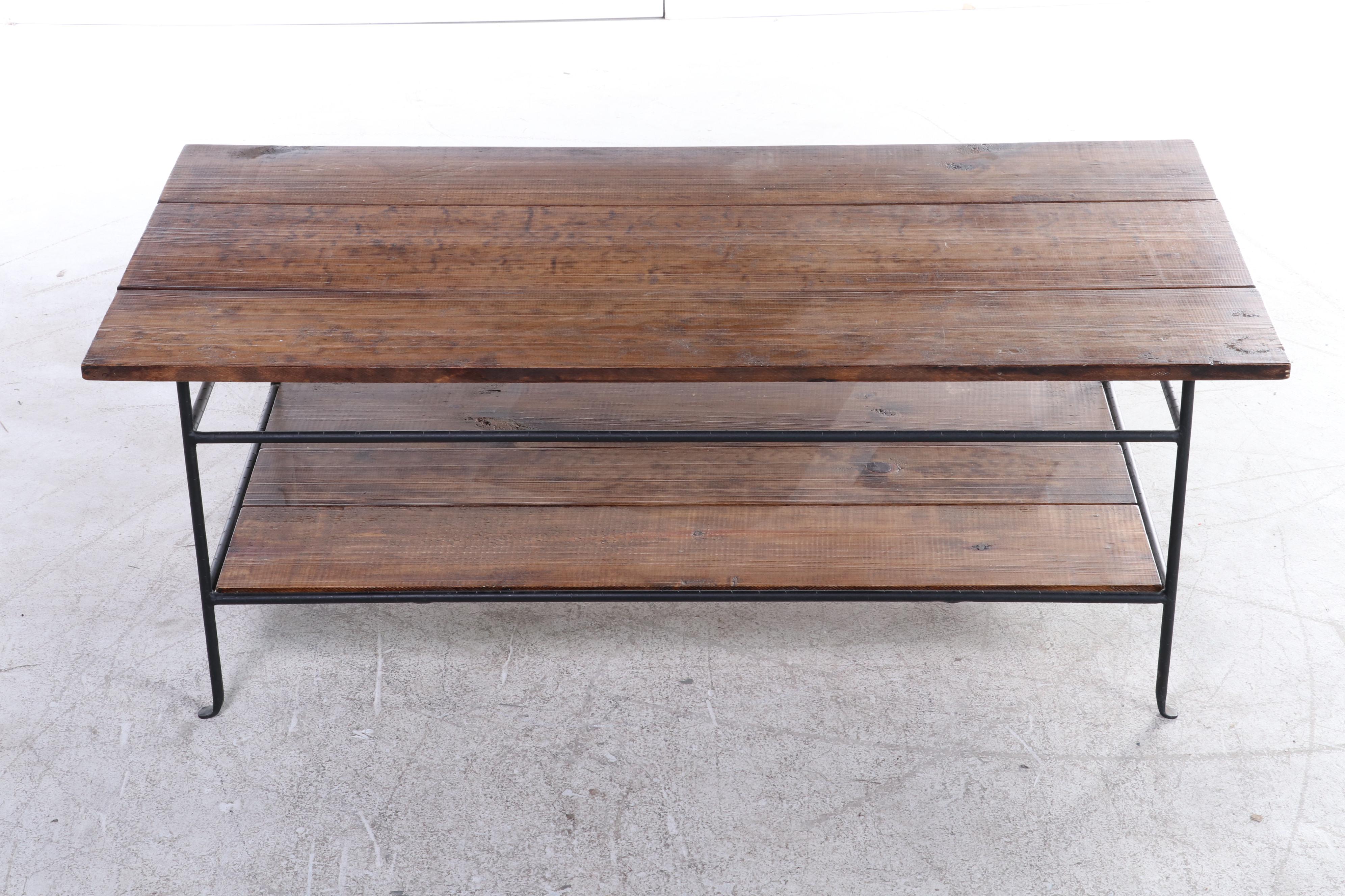 Custom-Made Contemporary Pine and Iron Side Table and Coffee Table