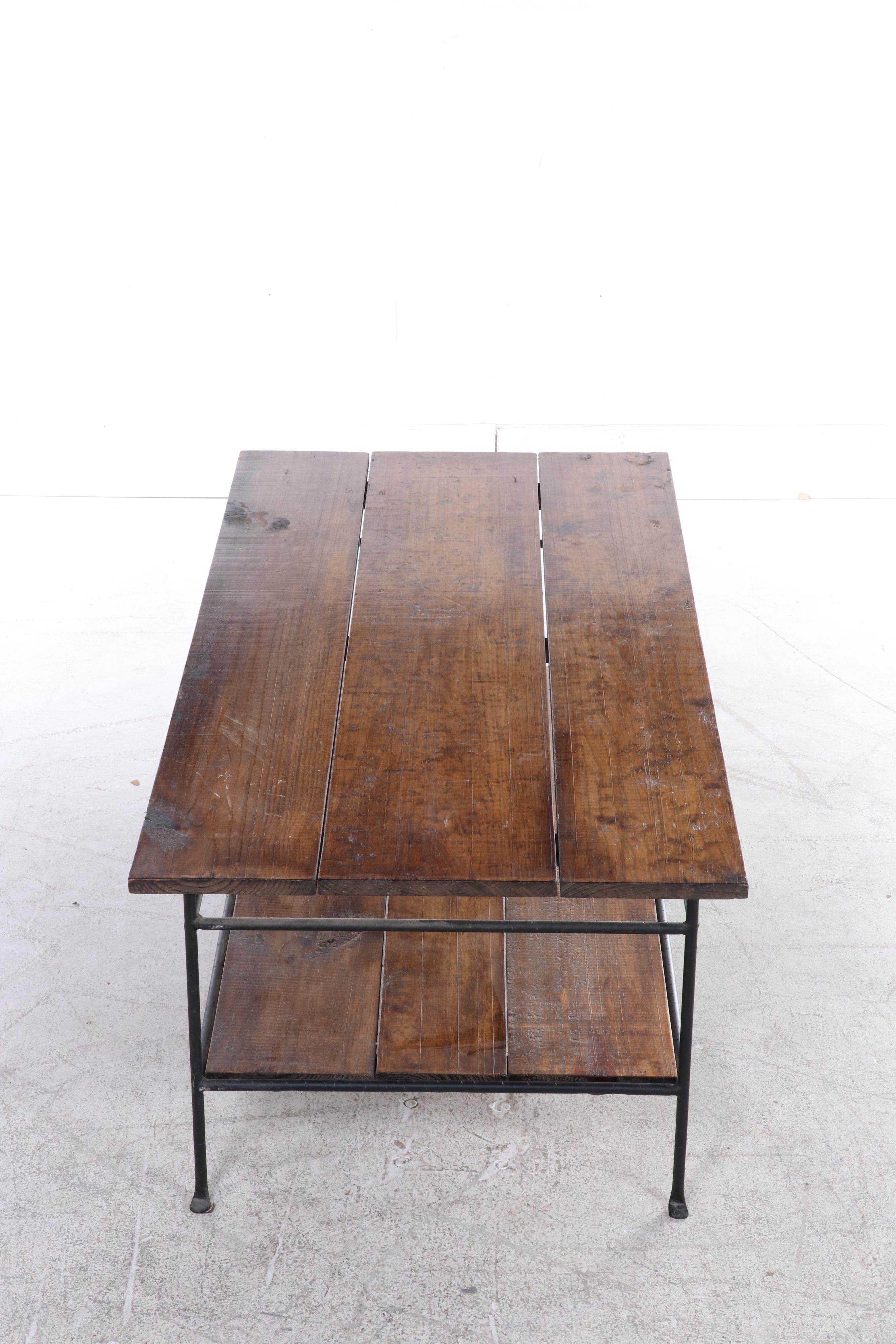 Custom-Made Contemporary Pine and Iron Side Table and Coffee Table