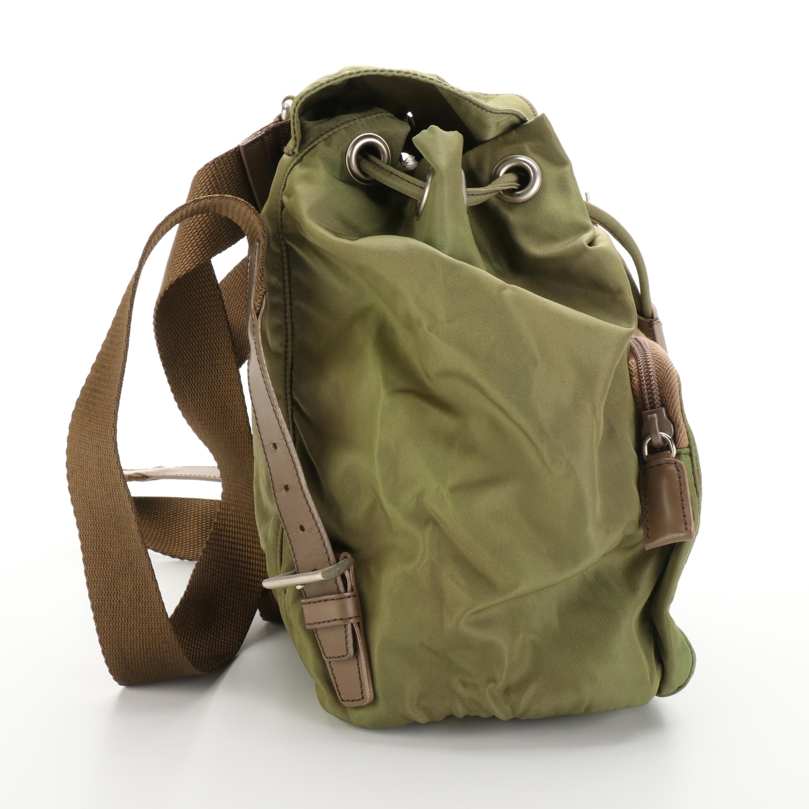 Prada Small Backpack in Green Tessuto Nylon and Brown Leather Trim