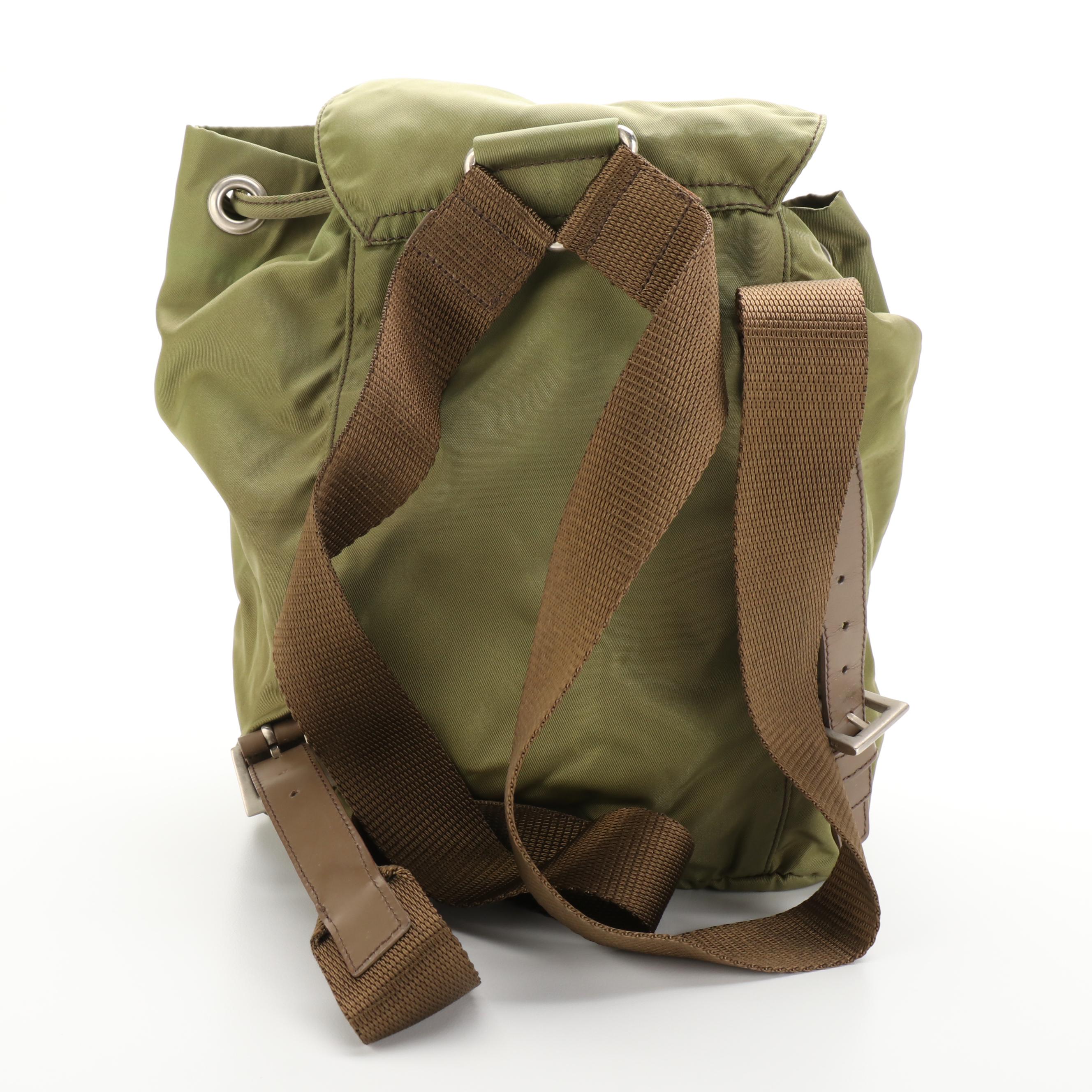 Prada Small Backpack in Green Tessuto Nylon and Brown Leather Trim