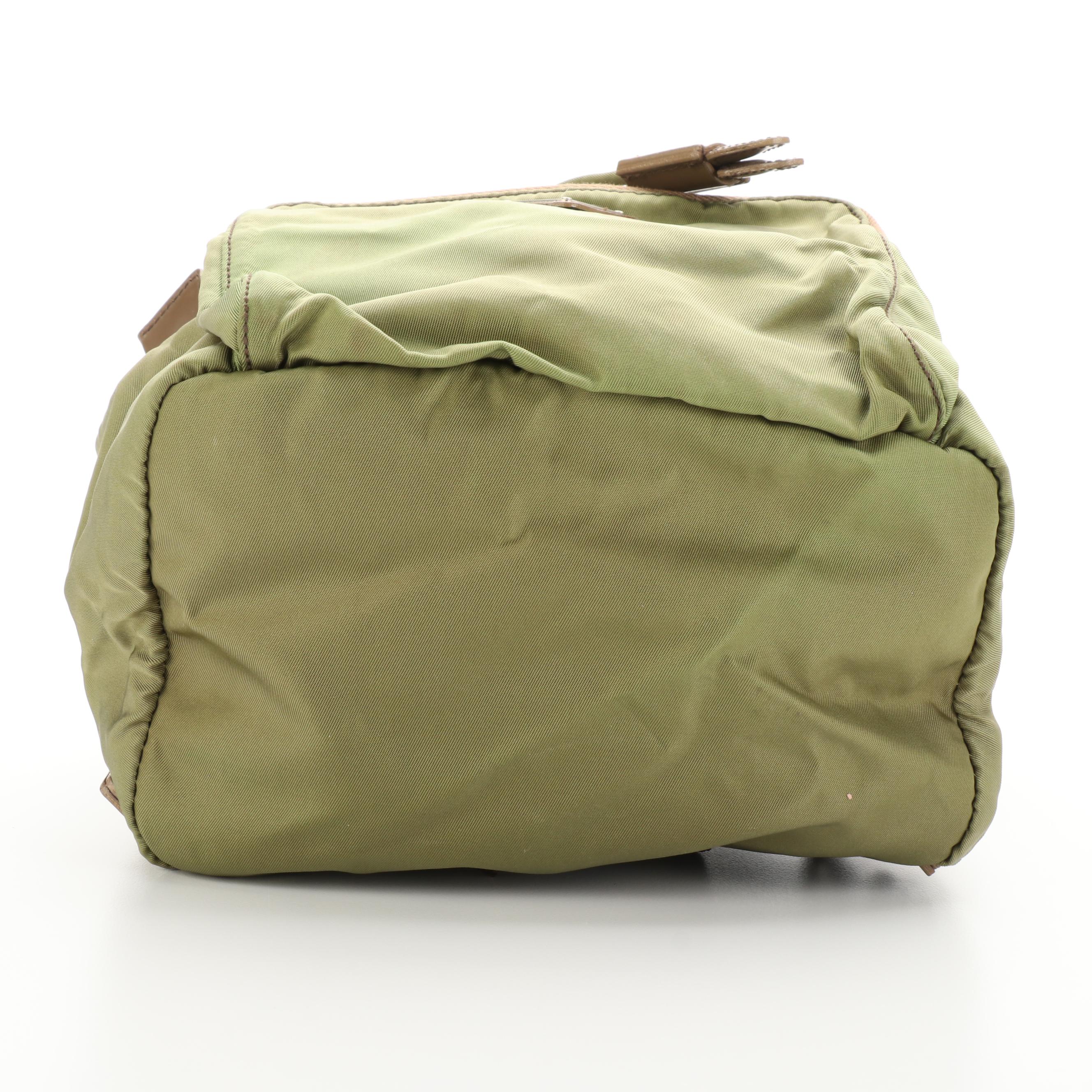 Prada Small Backpack in Green Tessuto Nylon and Brown Leather Trim