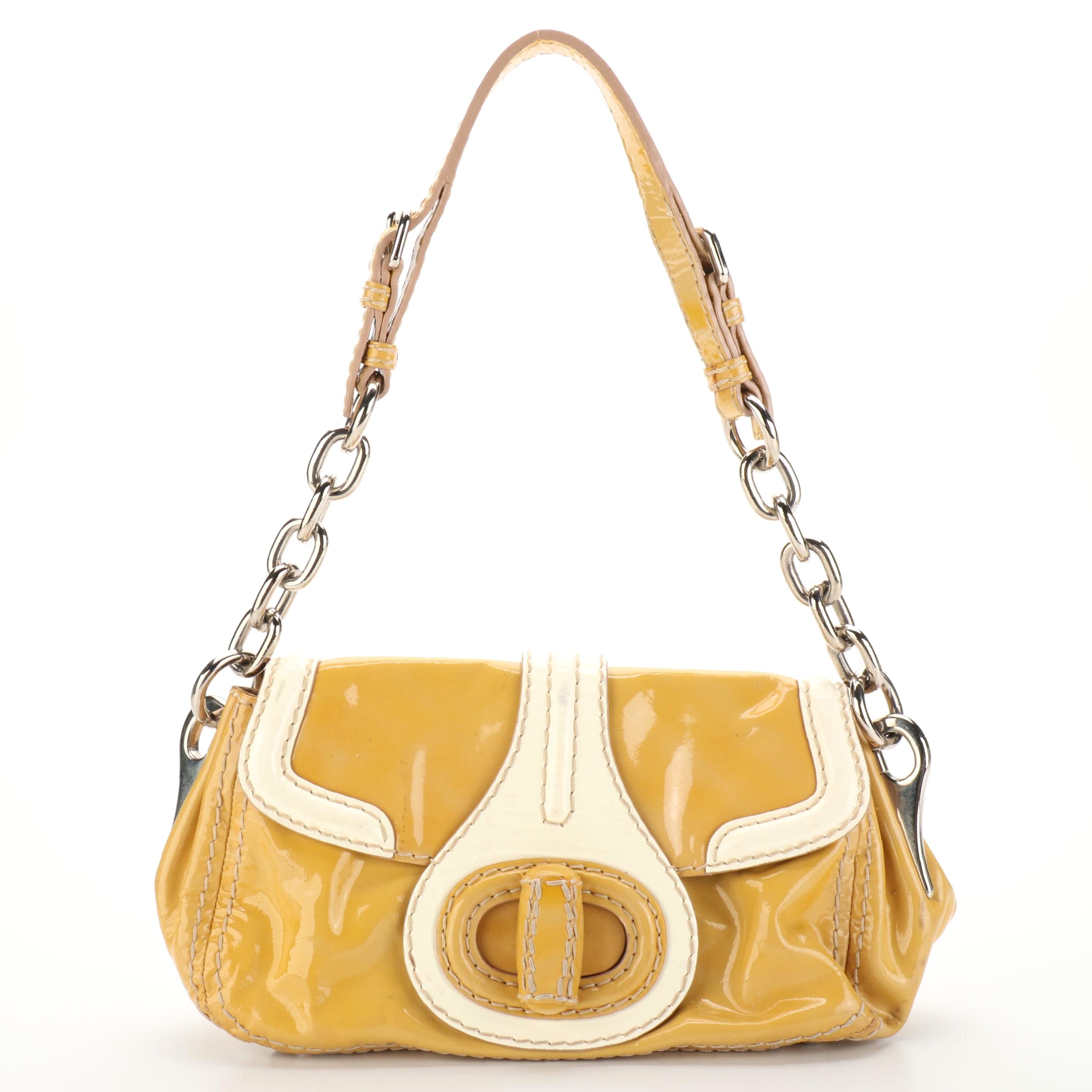 Prada Small Flap Shoulder Bag in Bicolor Contrast-Stitched Patent Leather