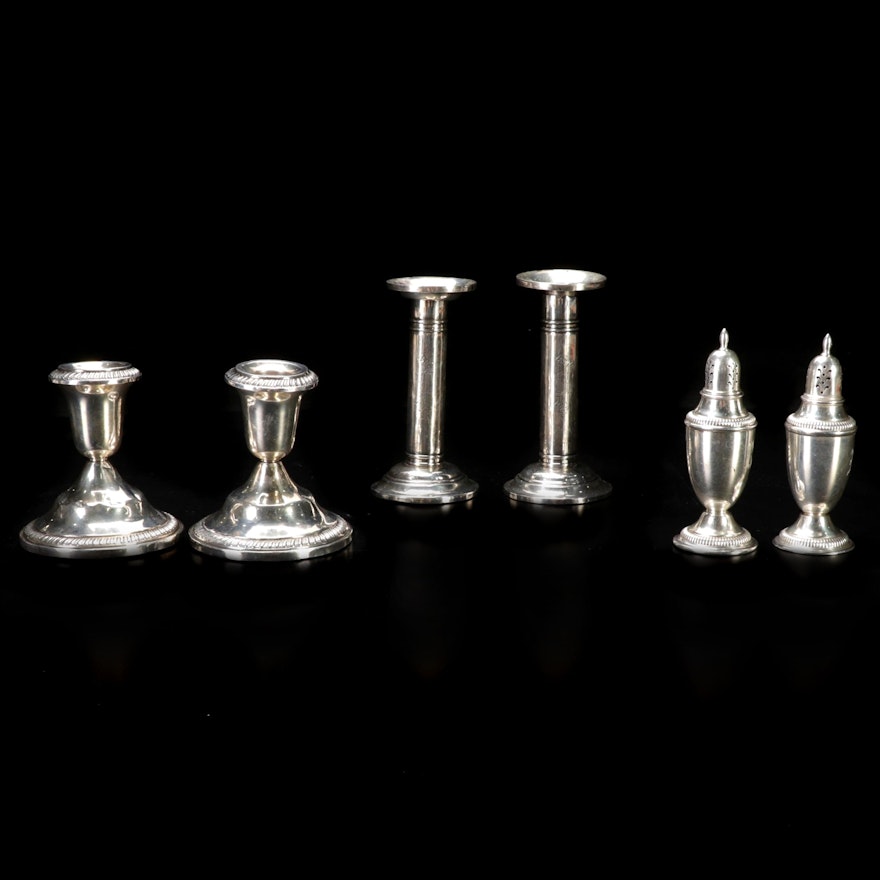 Sterling Silver Candlesticks with Kenilworth Sterling Salt and Pepper Shakers