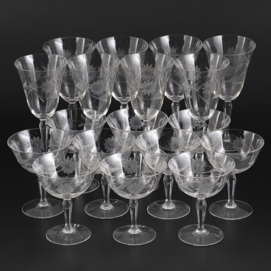 Riekes-Crisa Floral Etched Crystal Wine Glasses and Champagne Coupes