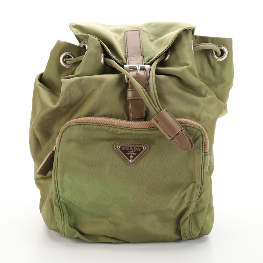 Prada Small Backpack in Green Tessuto Nylon and Brown Leather Trim