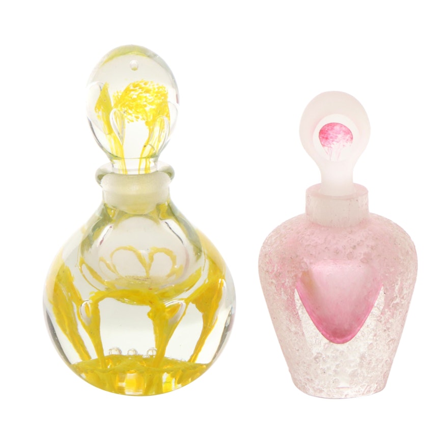 Blown Yellow Controlled Bubble and Pink Art Glass Perfume Bottles