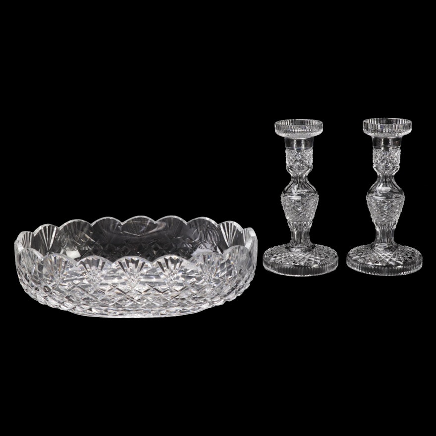 Pair of Waterford Crystal Candlesticks and One Console Bowl