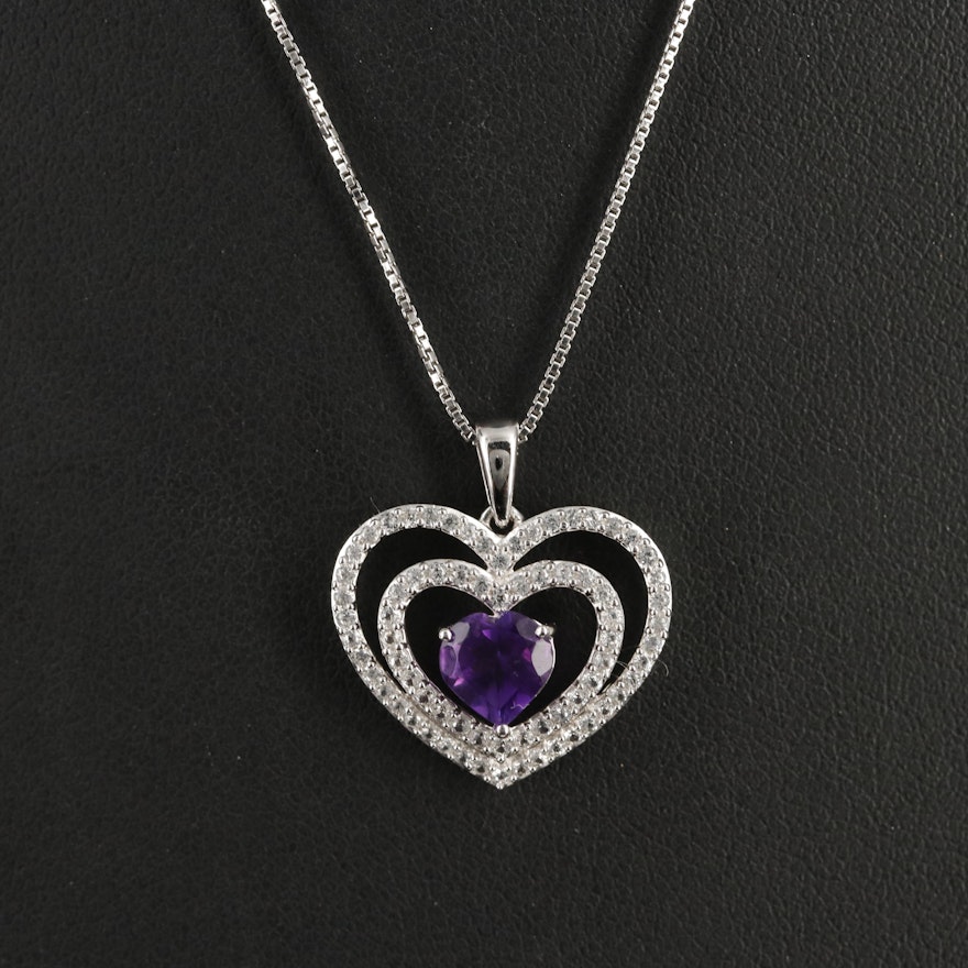 Sterling Amethyst and White Sapphire Heart Pendant Necklace
