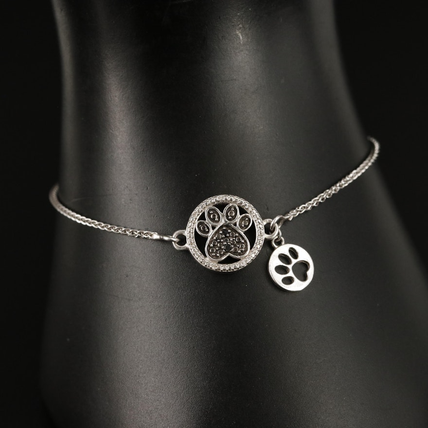 Sterling Diamond Paw Print Bolo Bracelet