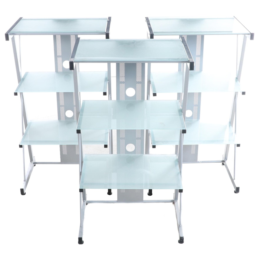 Three Metal Framed Shelving Units with Tempered Frosted Glass Surfaces