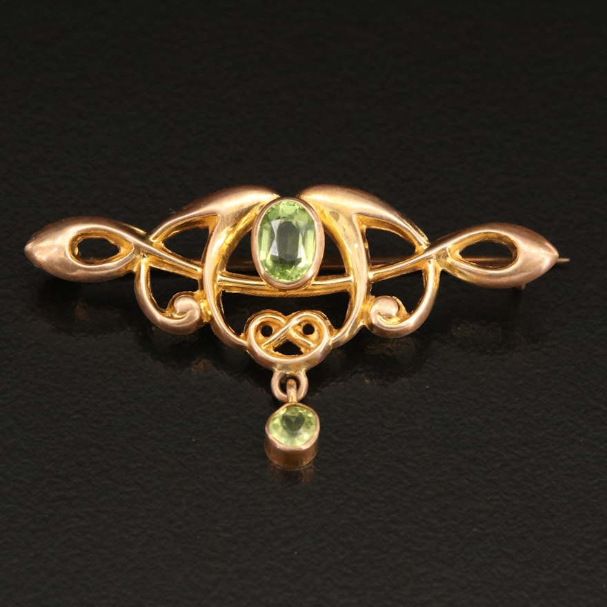 Circa 1909 Art Nouveau 9K Peridot Brooch