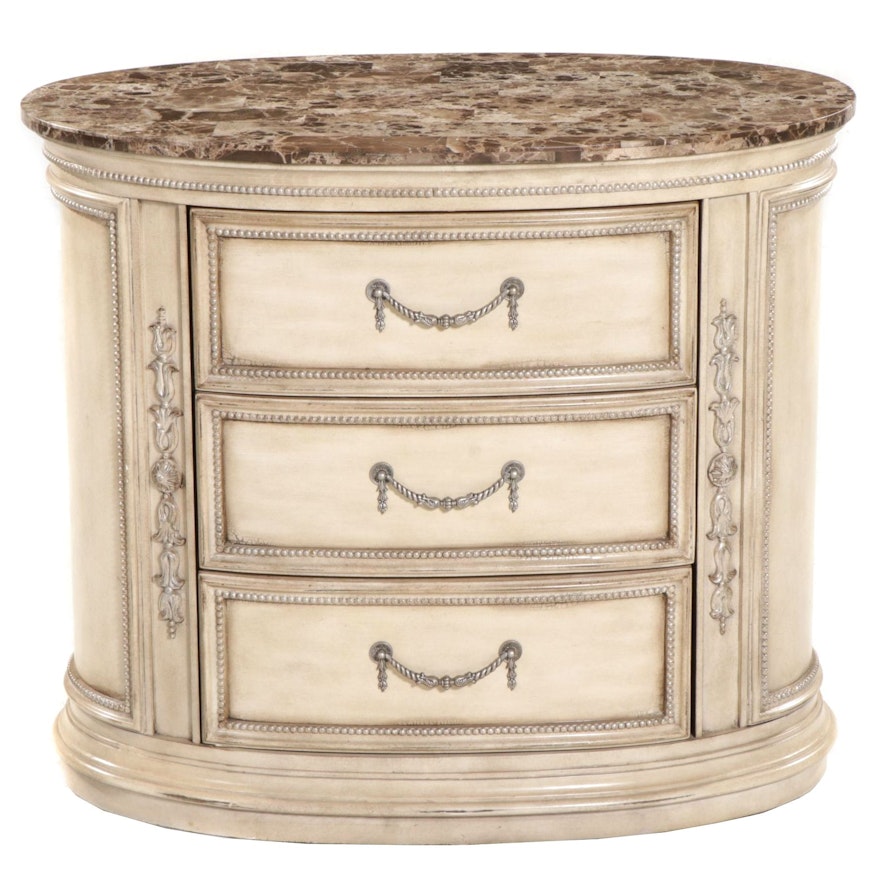 Schnadig Oval Marble Top Chest with Antiqued White Finish, 21st Century