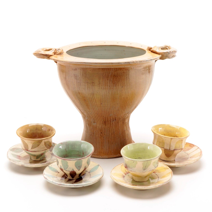 Studio Art Pottery Planter with Other Ceramic Cups and Saucers