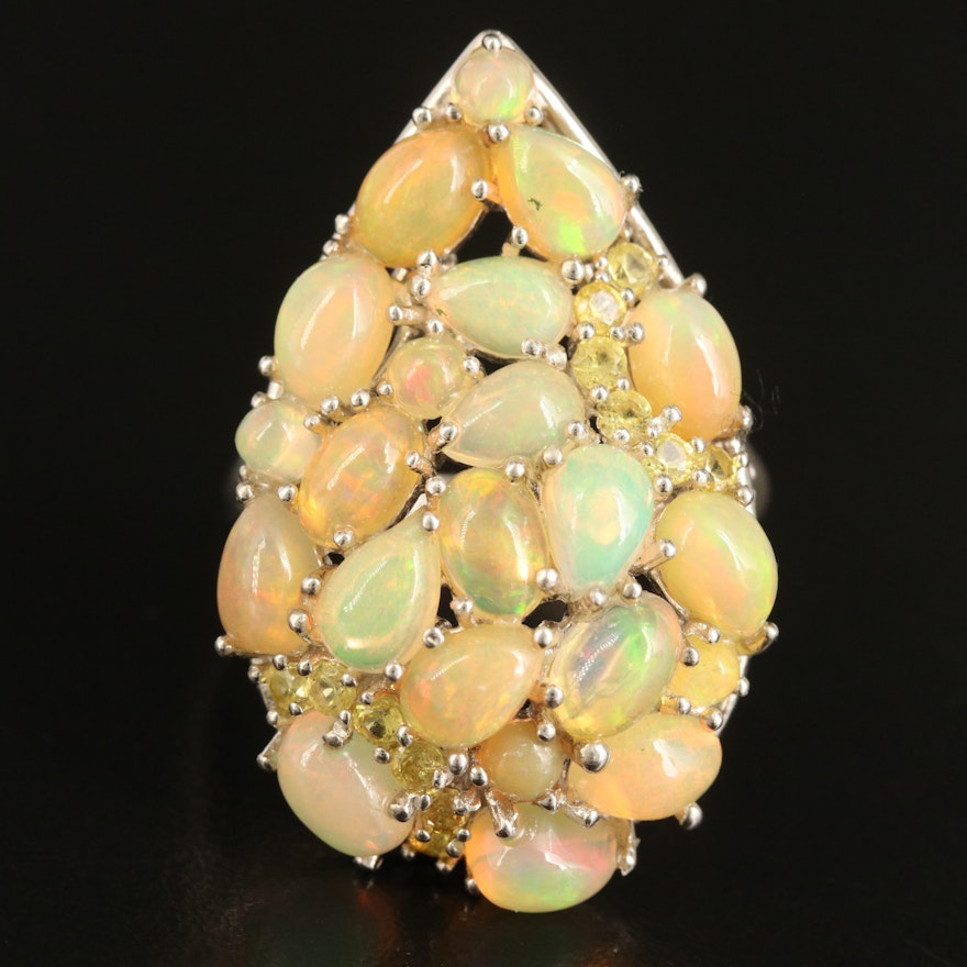 Sterling Opal and Yellow Sapphire Teardrop Cluster Ring