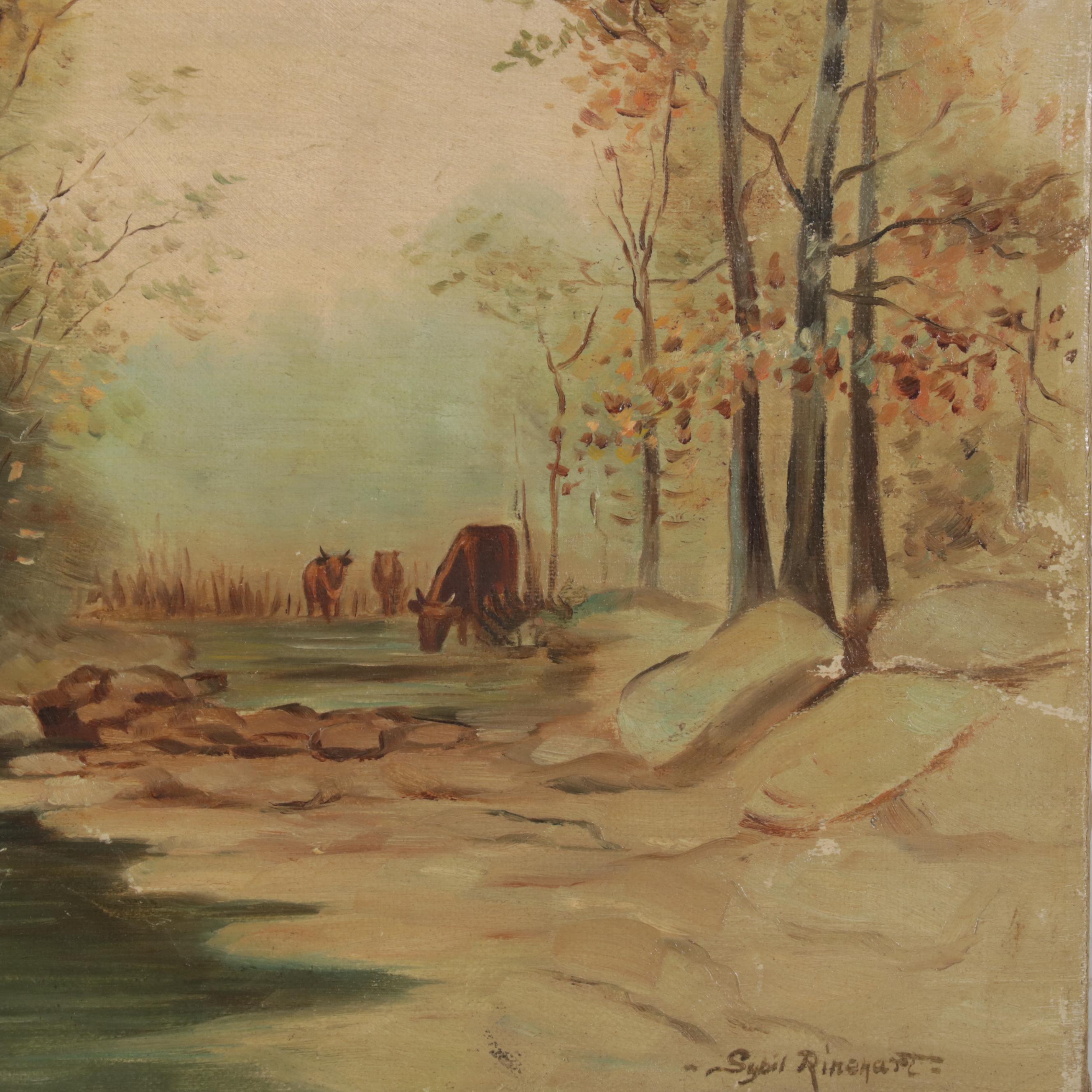 Sybil Rinehart Landscape Oil Painting of Cattle